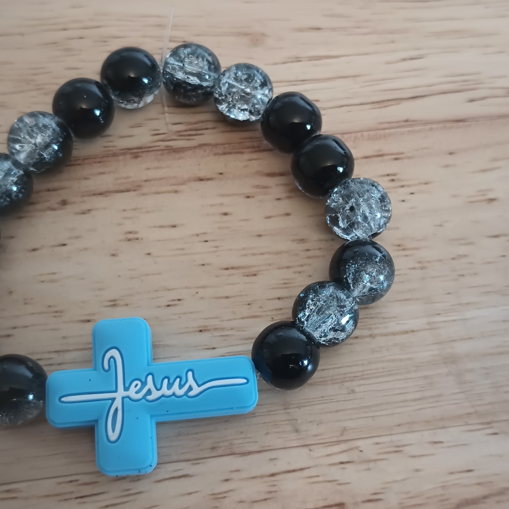 Black and Clear Beaded Bracelet with Blue Cross